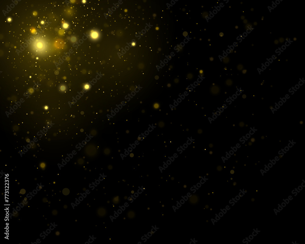 Sparkling magical particles. Gold Christmas grainy abstract texture. Festive golden luminous background with colorful lights bokeh. Golden explosion of confetti. Magic concept. Vector illustration