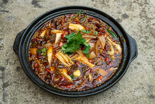Delicious boiled spicy beef on the plate