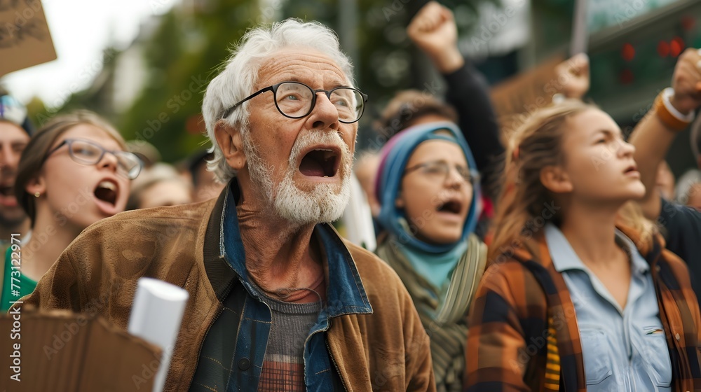 Passionate Senior Man Joins Youthful Climate Change Protest Advocating for Environmental Action
