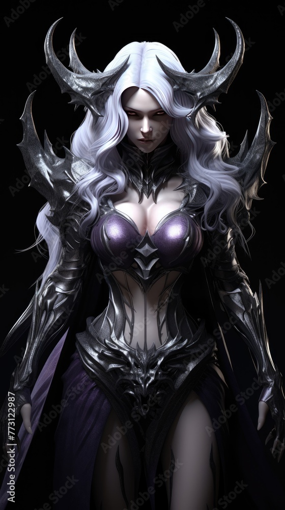 Fototapeta premium girl devil in the hood with horns, long white hair, and large black wings, with bleeding purple eyes, armor dressed, and angry expressions on her face, character fantasy, the devil women