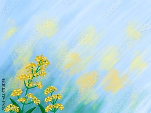 Flowers background with blue sky with clouds