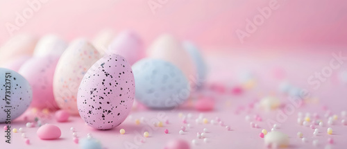 Colorful Easter eggs, pink background, copy space Decorative patterns, soft bokeh lighting