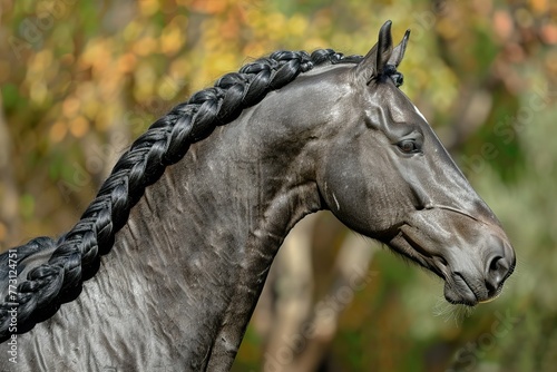 A horse with braided hair is standing in a field