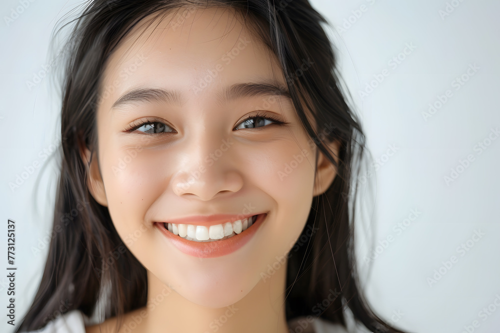 Closeup Beautiful smiling asian young woman with smooth healthy skin isolated on white background