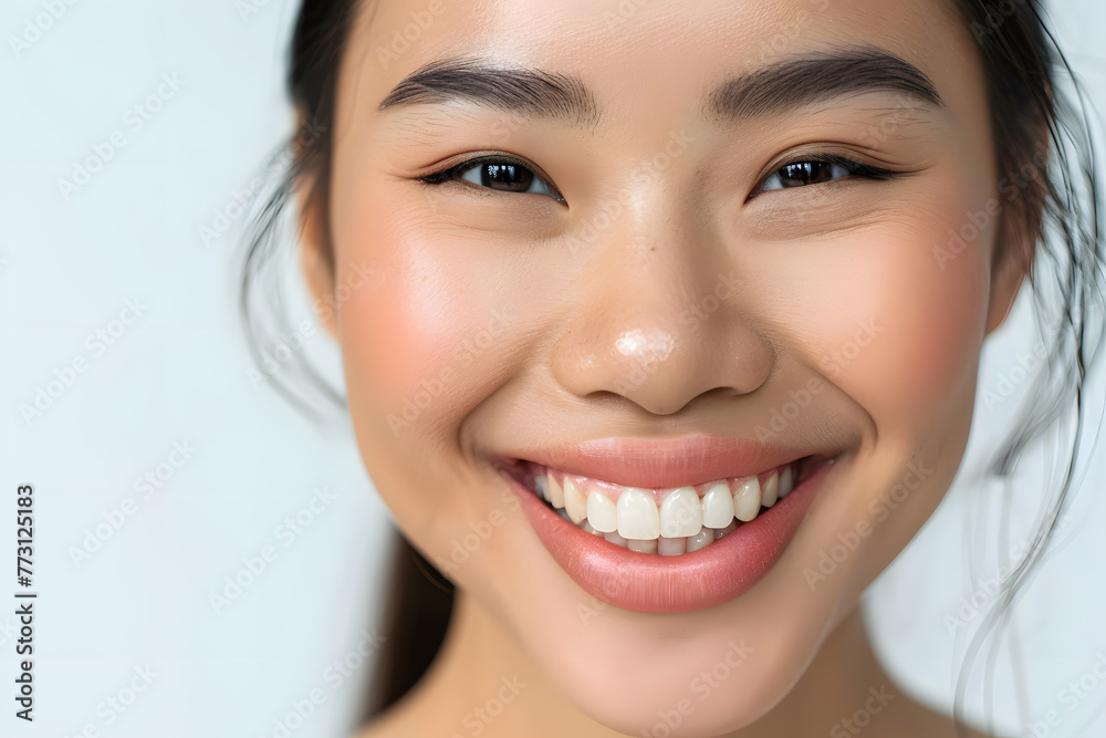 Closeup Beautiful smiling asian young woman with smooth healthy skin isolated on white background Closeup Beautiful smiling asian young woman with smooth healthy skin isolated on white background
