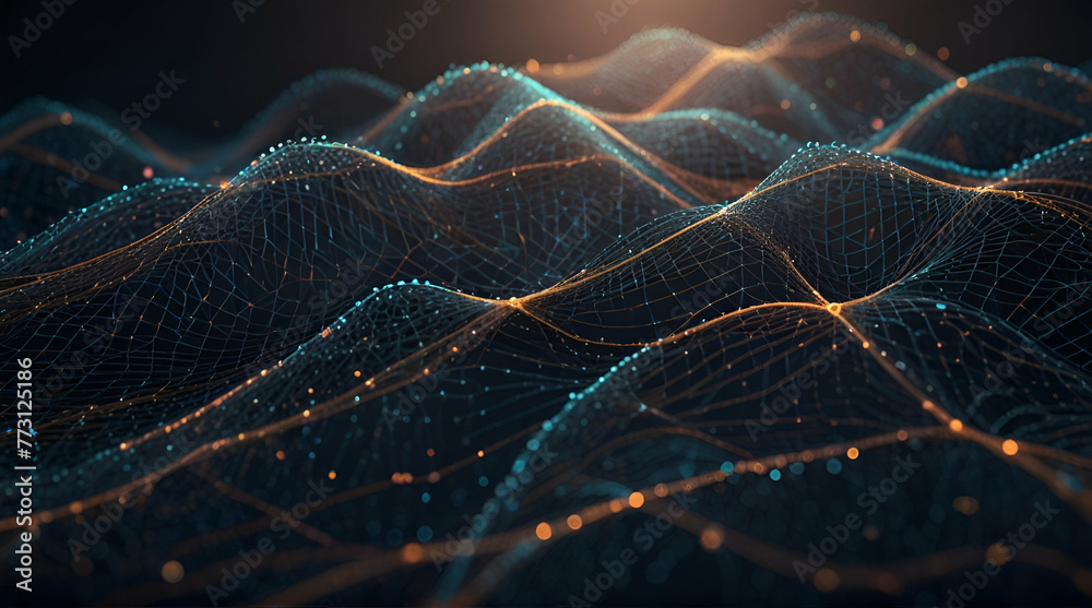Wave of dots and weave lines. Abstract background. Network connection structure.generative.ai Wave of dots and weave lines. Abstract background. Network connection structure.generative.ai