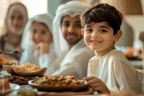 Ramadan Iftar Happiness: Emirati Family Smiles in Arabic Decorated Home