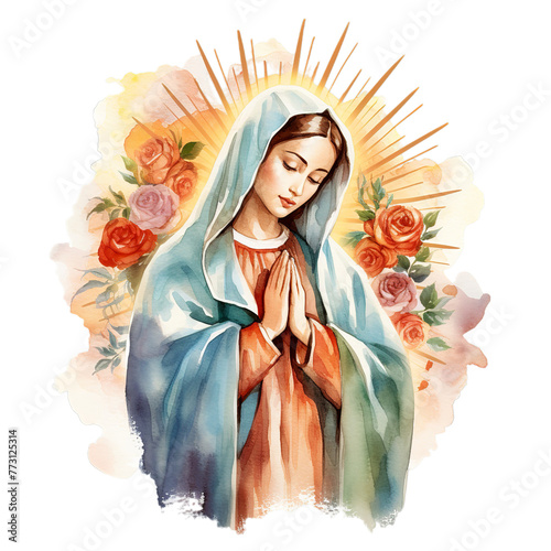 A Watercolor Our Lady Clipart is praying, Isolated on transparent PNG background, Generative ai