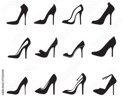 Set of black high heel shoes silhouettes isolated on white background.
