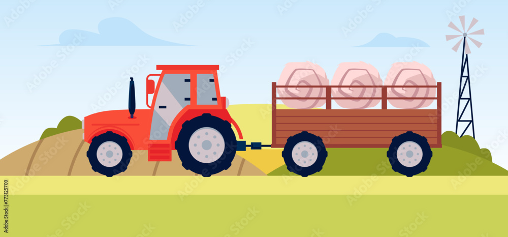 Fototapeta premium Vector illustration of agricultural machinery: a tractor with a trailer filled with round bales of hay