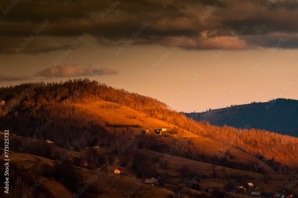 Aerial view of a Dark and moody autumn isolated landscapes in Apuseni Mountains, Romania