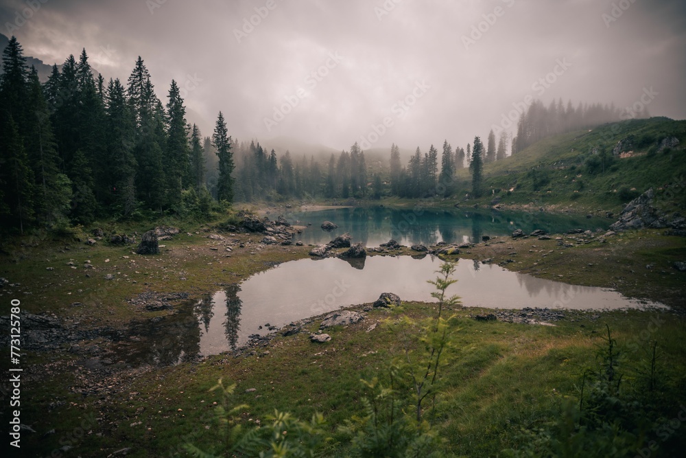 Fototapeta premium Stunning landscape of a tranquil lake surrounded by majestic mountains and trees