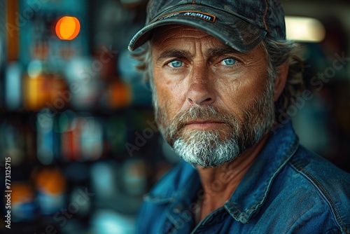 Employee at a gas station, middle aged, portrait