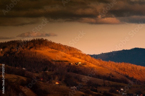 Aerial view of a Dark and moody autumn isolated landscapes in Apuseni Mountains, Romania