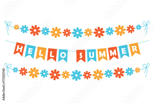 Hello Summer bunting garland, red, orange and blue pennants with white letters, bright party lettering banner with flowers, festive vector decoration