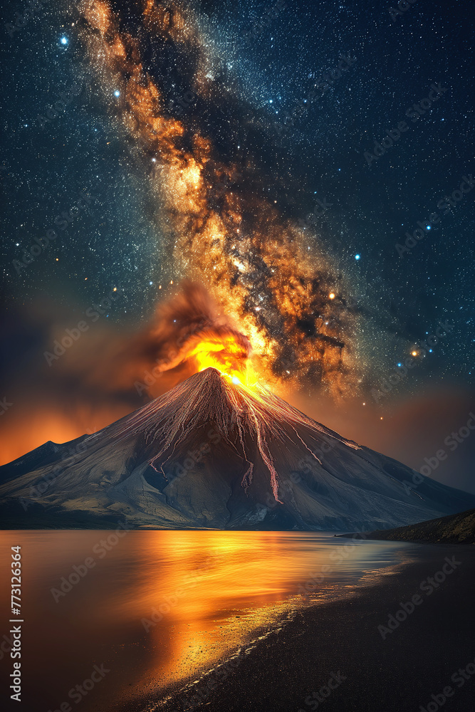 landscape with active erupting volcano on ocean coast against background of starry night sky with Milky way