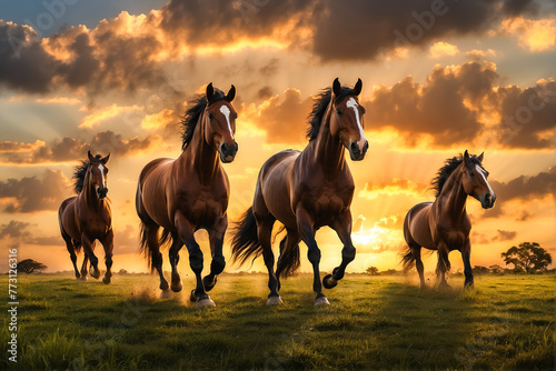 Manada de Cavalos crioulos correndo livremente ao  ao pôr do sol no Pampa Gaúcho, sul do Brasil photo