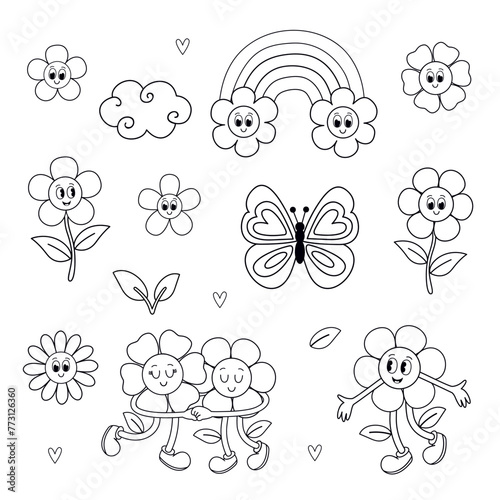 set of isolated outline cute rainbow, flower, butterfly