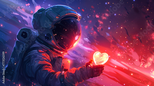 Astronaut floating in space holding glowing heart, love to the universe on valentines day or Cosmonautics day. Greeting card, poster design. environment, Earth protection concept. Copy space photo