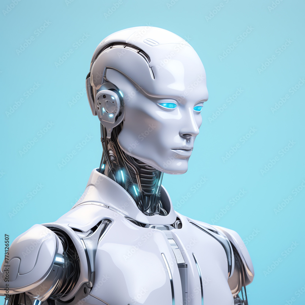 a white robot with blue eyes - obrazy, fototapety, plakaty 