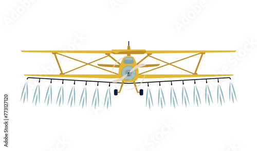 Airplane spraying fertilize, agricultural farming machinery, vector chemical fertilizers spraying with crop duster plane