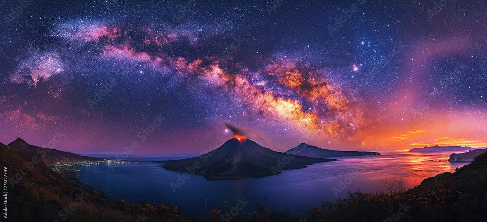 night landscape panorama with active erupting volcano on island in ocean against the background of starry sky with Milky Way