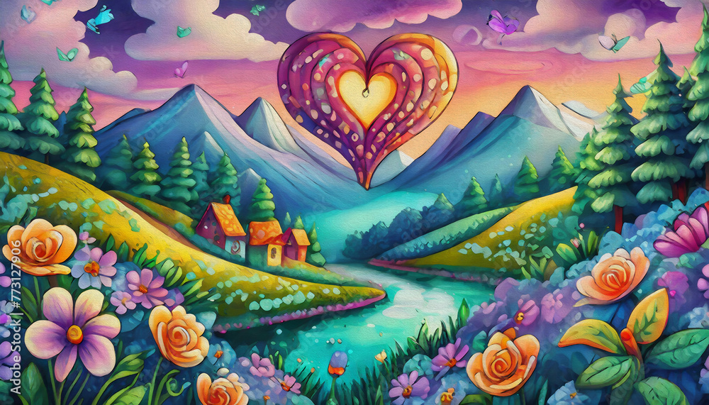 oil painting style cartoon character valentines day heart with floral growth, flowers in the park