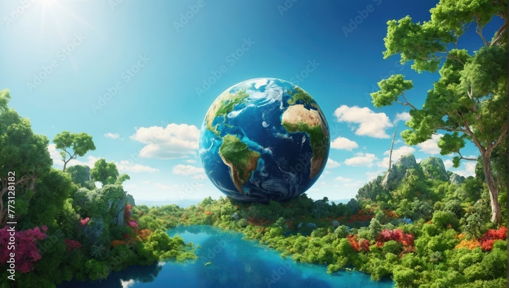 Planet Earth with lush greenery against a clear blue sky backdrop Planet Earth with lush greenery against a clear blue sky backdrop