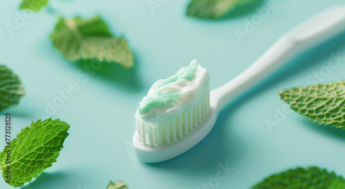 Fresh Mint Toothpaste with Brush  Dental Hygiene Concept on Blue Background