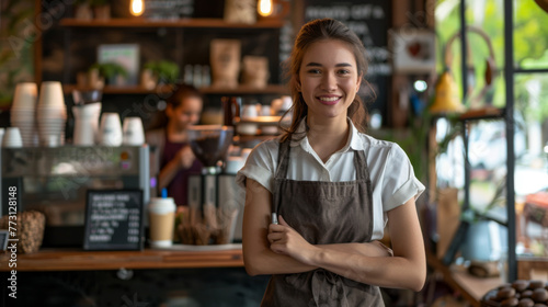 A smiling barista stands in a coffee shop.