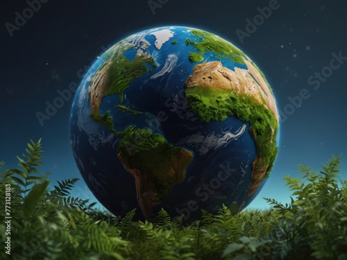 Planet Earth with lush greenery against a clear blue sky backdrop
