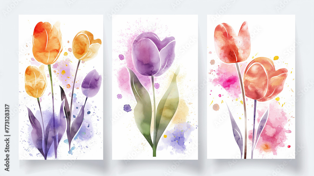 Set of cards with watercolor hand drawn blots. Abstract flowers canvas painting templates. Illustration template for design poster, card, invitation, placard, brochure, flyer. Watercolor texture.