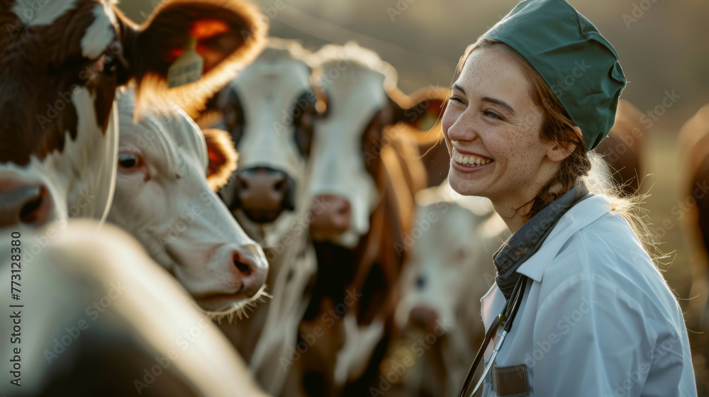 A smiling veterinarian with a stethoscope stands in front of cows in a field at sunset.