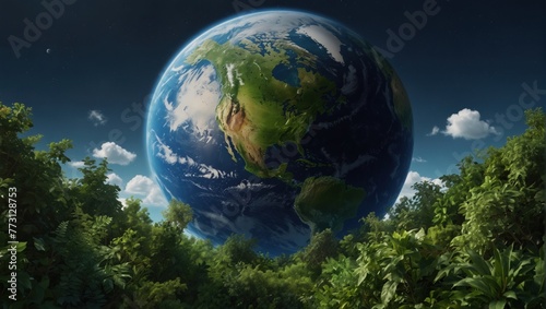 Planet Earth with lush greenery against a clear blue sky backdrop © dasha122007