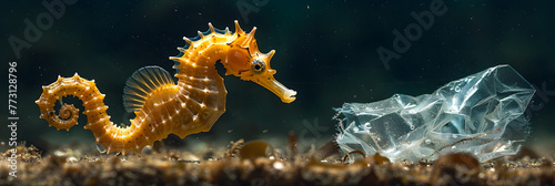 A seahorse  fish  and a plastic bag in the ocean  Seahorse swimming among vibrant corals and curious fish 