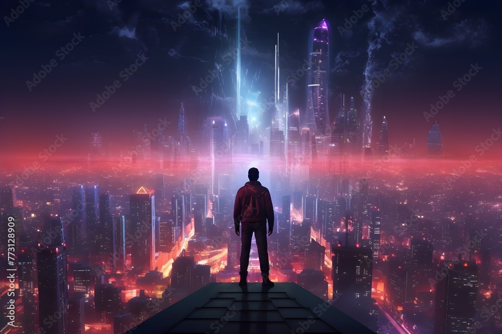 a man standing on a roof looking at a city a man standing on a roof looking at a city