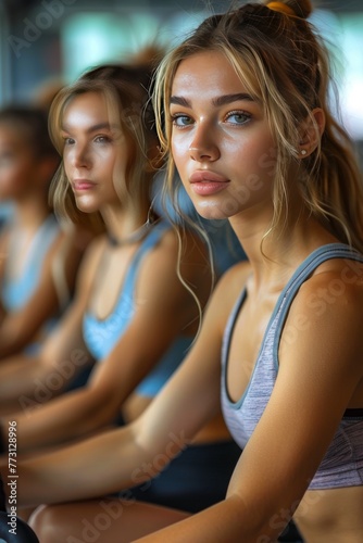 Profile portrait of a young athletic woman in the gym, selective focus