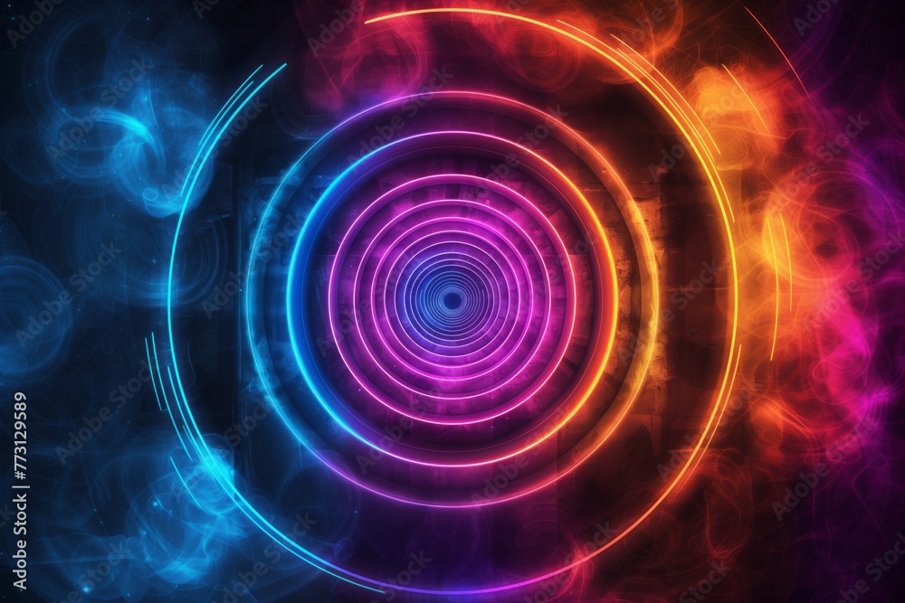 Vibrant neon circle patterns in a hypnotic vortex design on a dark backdrop - obrazy, fototapety, plakaty 