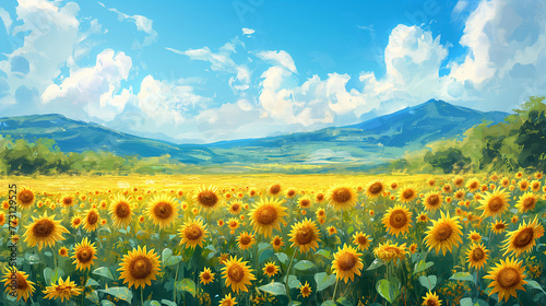 Vector Sunflowers Meadow in Oil Painting Flowers Banner with blue sky with clouds.