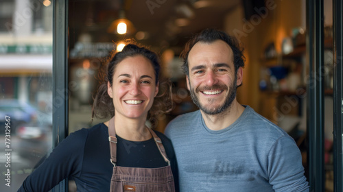 Two smiling people stand proudly in front of a cafe.