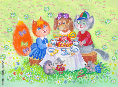 funny cartoon furry animals drink tea. Happy birthday