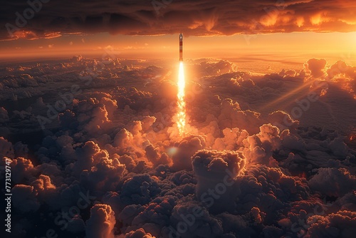 Powerful rocket pierces sunrise sky trailing fire