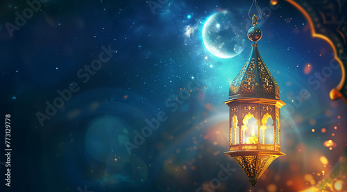 Eid mubarak and ramadan kareem lantern in the night