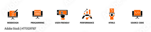 Mobile first banner web icon vector illustration concept for responsive web design with icon of webdesign, programming, user-friendly, performance, html5 and source code
