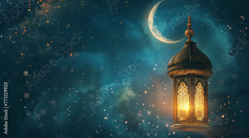 Eid celebration illustration with islamic lantern and moon for festive greeting card design