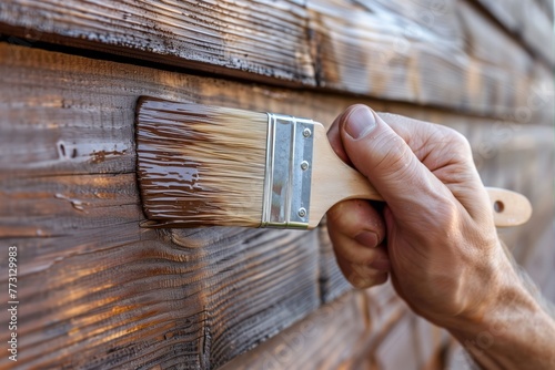 Close-up of a hand applying brown paint on wooden planks with a brush. © bluebeat76