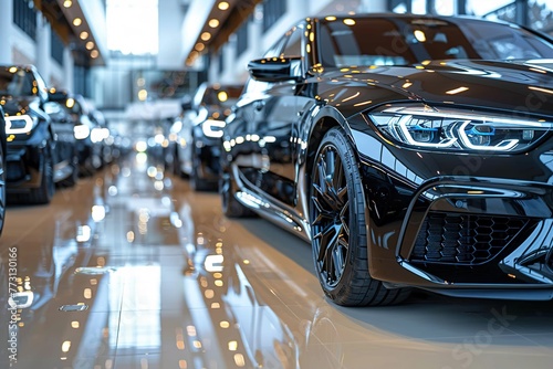Luxury car dealership: Modern Sedans and limousines in display