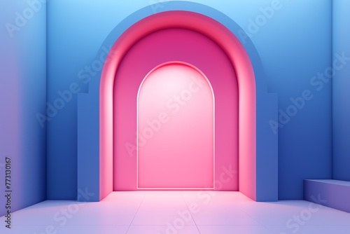 a pink and blue archway with a tile floor