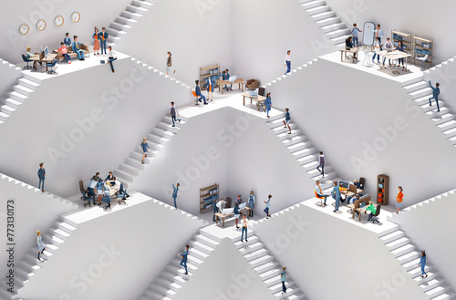 Business people working together for global company. Abstract environment with stairs and multiple floor levels showing departments and branches. 3D rendering illustration photo