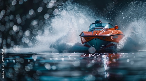 High-speed boat racing on glistening water